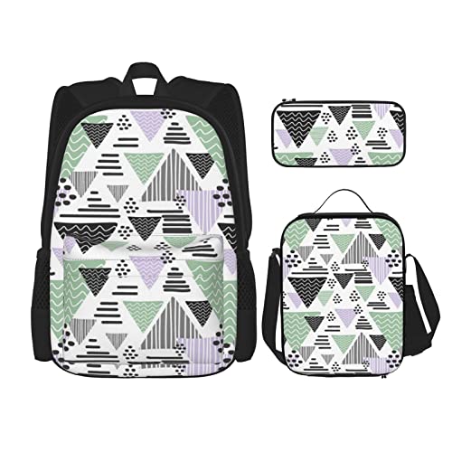 CARRDKDK Dampfzug bedruckter Rucksack, 3-teiliges Set, Schultaschen, Büchertasche mit Lunchbox und Federmäppchen, Set für Jungen und Mädchen, Design: Geometrisches Dreieck, Einheitsgröße von CARRDKDK