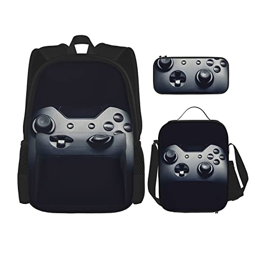 CARRDKDK Dampfzug bedruckter Rucksack, 3-teiliges Set, Schultaschen, Büchertasche mit Lunchbox und Federmäppchen, Set für Jungen und Mädchen, Gaming-Controller-Muster, Einheitsgröße von CARRDKDK