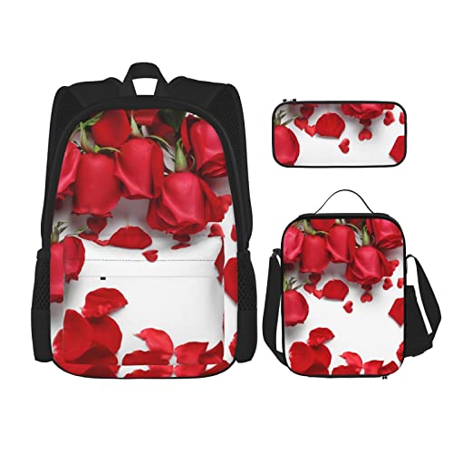 CARRDKDK Dampfzug bedruckter Rucksack, 3-teiliges Set, Schultaschen, Büchertasche mit Lunchbox und Federmäppchen, Set für Jungen und Mädchen, Rote Rosenblätter, Einheitsgröße von CARRDKDK