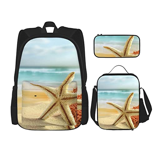 CARRDKDK Dampfzug bedruckter Rucksack, 3-teiliges Set, Schultaschen, Büchertasche mit Lunchbox und Federmäppchen, Set für Jungen und Mädchen, Seestern und Korallen am Strand, Einheitsgröße von CARRDKDK