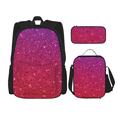 CARRDKDK Dunkelvioletter Marmor-Rucksack, 3-teiliges Set, Schultaschen, Büchertasche mit Lunchbox und Federmäppchen, Set für Jungen und Mädchen, Farbverlauf, Pailletten., Einheitsgröße von CARRDKDK