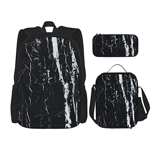 CARRDKDK Dunkelvioletter Marmor-Rucksack, 3-teiliges Set, Schultaschen, Büchertasche mit Lunchbox und Federmäppchen, Set für Jungen und Mädchen, Schwarz-Weißer Marmor, Einheitsgröße von CARRDKDK