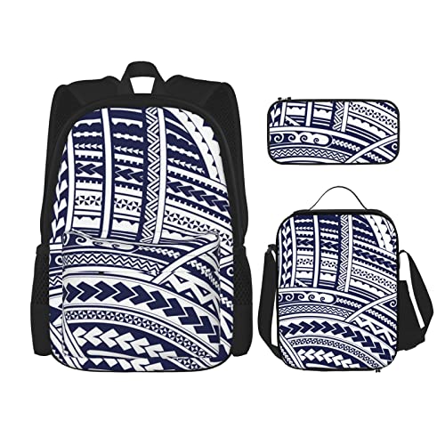 CARRDKDK Flasche Muschel Seestern Leuchtturm Bedruckter Rucksack 3-teiliges Set Schultaschen Büchertasche mit Lunchbox und Federmäppchen Set für Jungen Mädchen, Blaues, polynesisches von CARRDKDK