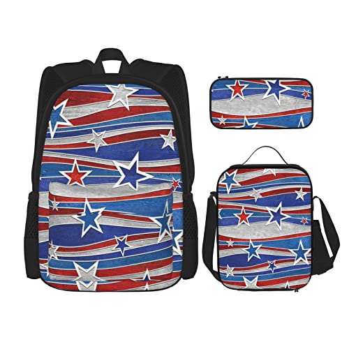 CARRDKDK Flasche Muschel Seestern Leuchtturm Bedruckter Rucksack 3-teiliges Set Schultaschen Büchertasche mit Lunchbox und Federmäppchen Set für Jungen Mädchen, Patriotic Stars Stripes Independence von CARRDKDK