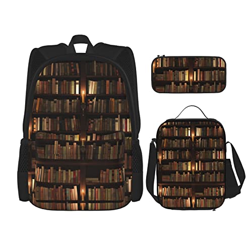 CARRDKDK Gelbe und braune Dreiecke bedruckter Rucksack, 3-teiliges Set, Schultaschen, Büchertasche mit Lunchbox und Federmäppchen, Set für Jungen und Mädchen, Bibliothek Bücherregal Buch, von CARRDKDK