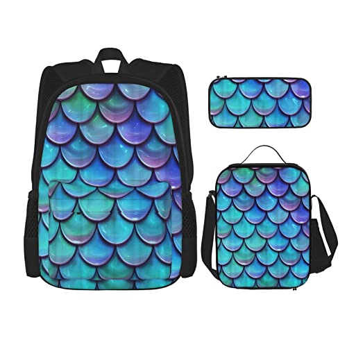 CARRDKDK Gelbe und braune Dreiecke bedruckter Rucksack, 3-teiliges Set, Schultaschen, Büchertasche mit Lunchbox und Federmäppchen, Set für Jungen und Mädchen, Meerjungfrau Blaugrün Fisch, von CARRDKDK