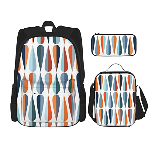 CARRDKDK Gelbe und braune Dreiecke bedruckter Rucksack, 3-teiliges Set, Schultaschen, Büchertasche mit Lunchbox und Federmäppchen, Set für Jungen und Mädchen, Mid Century Modern Retro mit von CARRDKDK