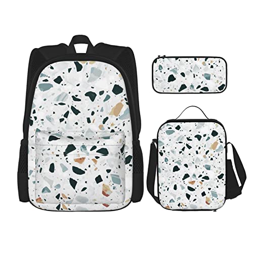 CARRDKDK Gelbe und braune Dreiecke bedruckter Rucksack, 3-teiliges Set, Schultaschen, Büchertasche mit Lunchbox und Federmäppchen, Set für Jungen und Mädchen, Terrazzo Marmor Pastell, Einheitsgröße von CARRDKDK