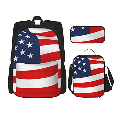 CARRDKDK Glitzerndes rosa Glitzer-bedrucktes Rucksack, 3-teiliges Set, Schultaschen, Büchertasche mit Lunchbox und Federmäppchen, Set für Jungen und Mädchen, Amerikanische Flagge Patriotisch, von CARRDKDK