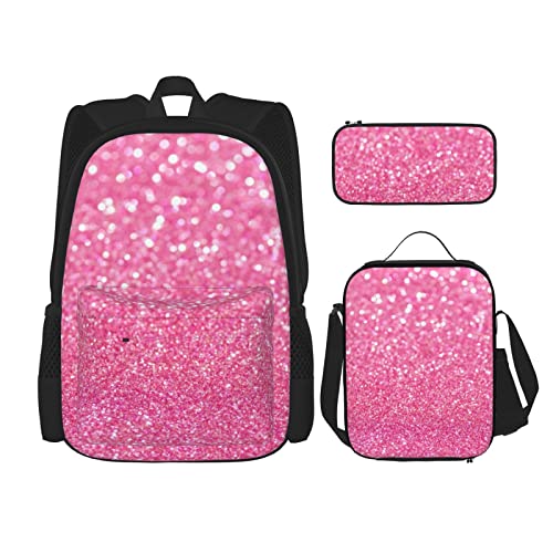 CARRDKDK Glitzerndes rosa Glitzer-bedrucktes Rucksack, 3-teiliges Set, Schultaschen, Büchertasche mit Lunchbox und Federmäppchen, Set für Jungen und Mädchen, Glitzernder rosa Glitzer., Einheitsgröße von CARRDKDK