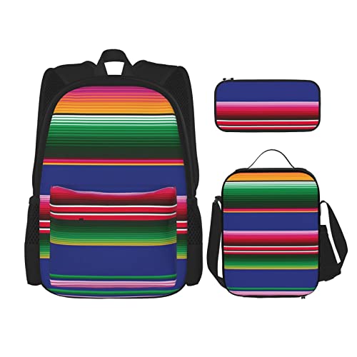 CARRDKDK Grünes Blatt Textur Adern Bedruckter Rucksack 3-teiliges Set Schultaschen Büchertasche mit Lunchbox und Federmäppchen Set für Jungen Mädchen, Bunte mexikanische Streifen, Einheitsgröße von CARRDKDK