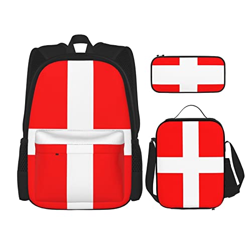 CARRDKDK Grünes Blatt Textur Adern Bedruckter Rucksack 3-teiliges Set Schultaschen Büchertasche mit Lunchbox und Federmäppchen Set für Jungen Mädchen, Dänemark Flagge, Einheitsgröße von CARRDKDK