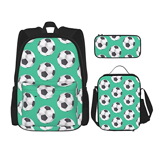 CARRDKDK Grünes Blatt Textur Adern Bedruckter Rucksack 3-teiliges Set Schultaschen Büchertasche mit Lunchbox und Federmäppchen Set für Jungen Mädchen, Fußball, Einheitsgröße von CARRDKDK