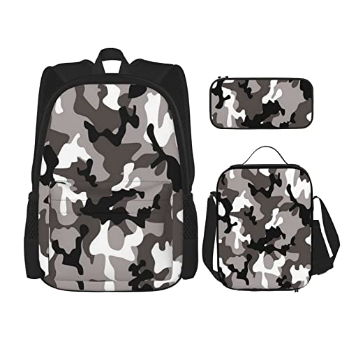 CARRDKDK Grünes Blatt Textur Adern Bedruckter Rucksack 3-teiliges Set Schultaschen Büchertasche mit Lunchbox und Federmäppchen Set für Jungen Mädchen, Schwarz Grau Weiß Camo, Einheitsgröße von CARRDKDK