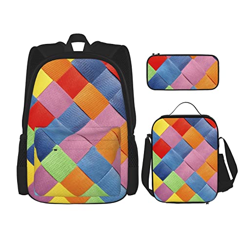 CARRDKDK Mathematikformel bedruckter Rucksack, 3-teiliges Set, Schultaschen, Büchertasche mit Lunchbox und Federmäppchen, Set für Jungen und Mädchen, Buntes Karomuster, Einheitsgröße von CARRDKDK