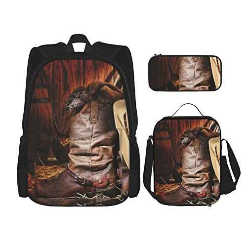 CARRDKDK Mathematikformel bedruckter Rucksack, 3-teiliges Set, Schultaschen, Büchertasche mit Lunchbox und Federmäppchen, Set für Jungen und Mädchen, Cowboy Black Hat Westernstiefel, Einheitsgröße, von CARRDKDK