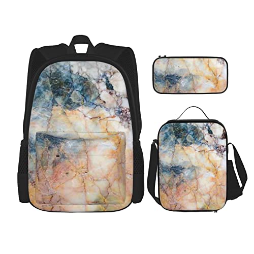 CARRDKDK Mathematikformel bedruckter Rucksack, 3-teiliges Set, Schultaschen, Büchertasche mit Lunchbox und Federmäppchen, Set für Jungen und Mädchen, Marmor, Einheitsgröße von CARRDKDK