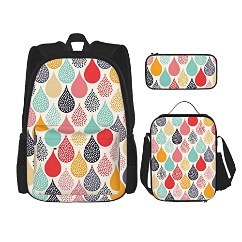 CARRDKDK Mathematikformel bedruckter Rucksack, 3-teiliges Set, Schultaschen, Büchertasche mit Lunchbox und Federmäppchen, Set für Jungen und Mädchen, Wassertropfen Punkte, Einheitsgröße von CARRDKDK