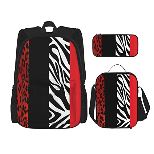 CARRDKDK Outer Space Sonnensystem Bedruckter Rucksack 3-teiliges Set Schultaschen Büchertasche mit Lunchbox und Federmäppchen Set für Jungen Mädchen, Roter Leoparden- und Zebra-Tier, Einheitsgröße von CARRDKDK