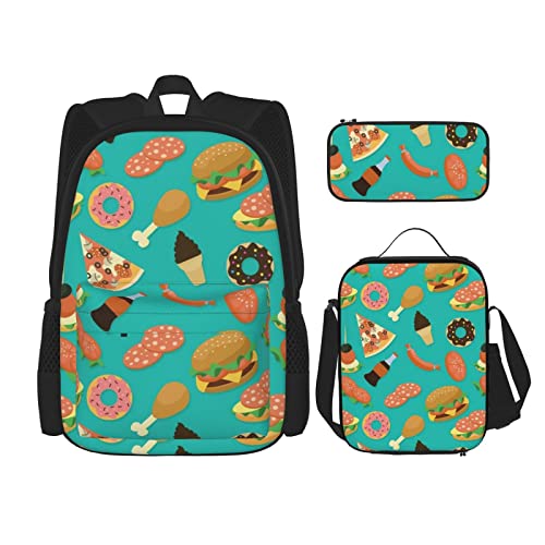 CARRDKDK Rucksack mit Farbverlauf, Blau, Denim-Druck, 3-teiliges Set, Schultaschen, Büchertasche mit Lunchbox und Federmäppchen, Set für Jungen und Mädchen, Hamburger Donut Cola, Einheitsgröße von CARRDKDK