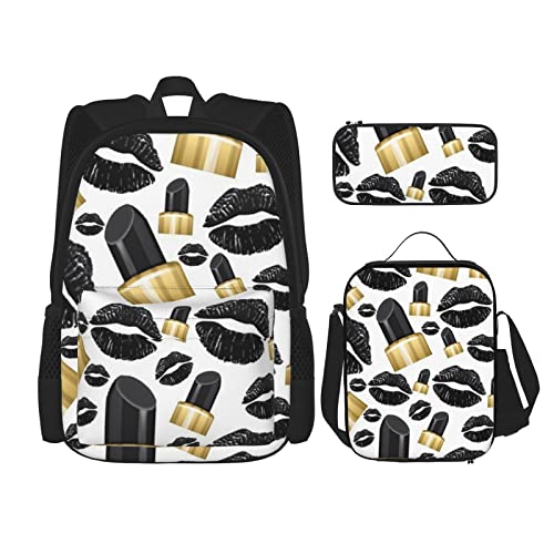 CARRDKDK Rucksack mit Fußballmotiv, Grün, bedruckt, 3-teiliges Set, Schultaschen, Büchertasche mit Lunchbox und Federmäppchen, Set für Jungen und Mädchen, Coole schwarze Lippenstift-Lippen, von CARRDKDK