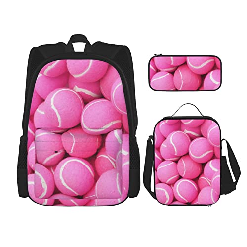 CARRDKDK Rucksack mit Fußballmotiv, Grün, bedruckt, 3-teiliges Set, Schultaschen, Büchertasche mit Lunchbox und Federmäppchen, Set für Jungen und Mädchen, Hellrosa Tennisbälle., Einheitsgröße von CARRDKDK