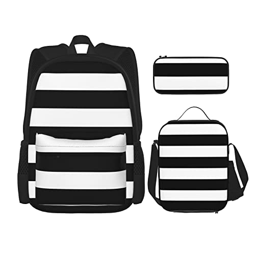 CARRDKDK Rucksack mit Fußballmotiv, Grün, bedruckt, 3-teiliges Set, Schultaschen, Büchertasche mit Lunchbox und Federmäppchen, Set für Jungen und Mädchen, Streifen schwarz weiß, Einheitsgröße von CARRDKDK