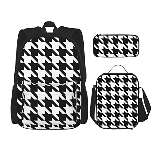 CARRDKDK Rucksack mit Leopardenmuster, 3-teiliges Set, Schultaschen, Büchertasche mit Lunchbox und Federmäppchen, Set für Jungen und Mädchen, Houndstooth Schwarz, Einheitsgröße von CARRDKDK