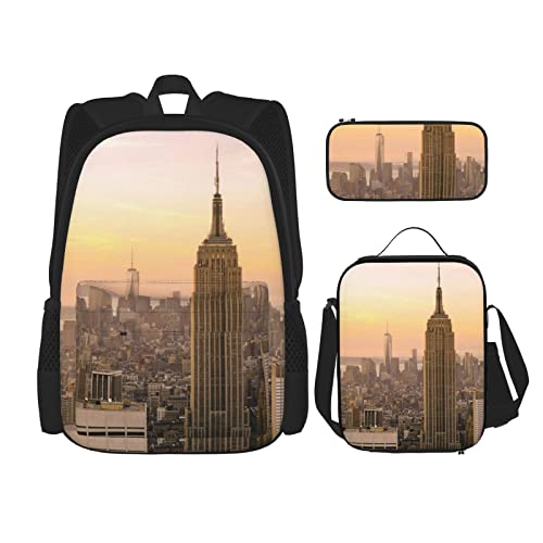 CARRDKDK Rucksack mit Musiknoten-Klavierdruck, 3-teiliges Set, Schultaschen, Büchertasche mit Lunchbox und Federmäppchen, Set für Jungen und Mädchen, Empire State Building, Einheitsgröße von CARRDKDK