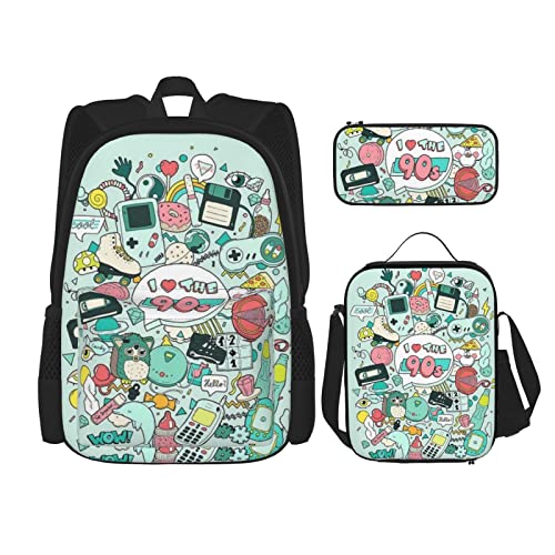 CARRDKDK Rucksack mit Musiknoten-Klavierdruck, 3-teiliges Set, Schultaschen, Büchertasche mit Lunchbox und Federmäppchen, Set für Jungen und Mädchen, I Love The 90s Illustration, Einheitsgröße von CARRDKDK