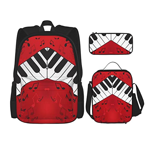 CARRDKDK Rucksack mit Musiknoten-Klavierdruck, 3-teiliges Set, Schultaschen, Büchertasche mit Lunchbox und Federmäppchen, Set für Jungen und Mädchen, Musiknoten-Klavier, Einheitsgröße von CARRDKDK