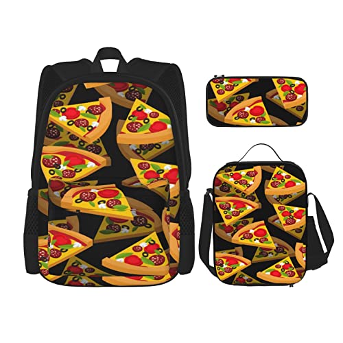 CARRDKDK Rucksack mit Musiknoten-Klavierdruck, 3-teiliges Set, Schultaschen, Büchertasche mit Lunchbox und Federmäppchen, Set für Jungen und Mädchen, Pizza 3D, Einheitsgröße, Schachtel von CARRDKDK