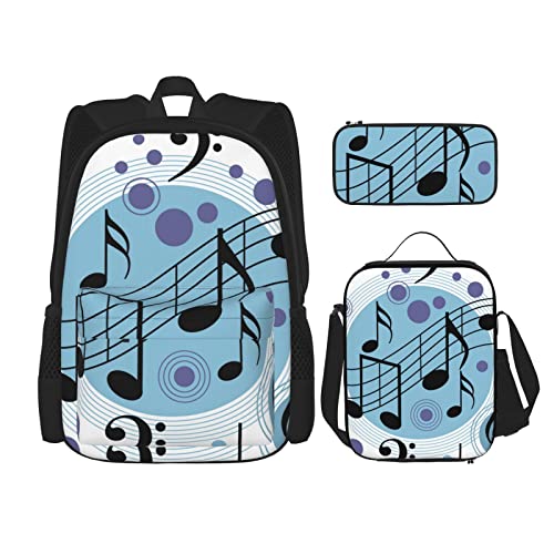 CARRDKDK Rucksack mit Musiknoten-Klavierdruck, 3-teiliges Set, Schultaschen, Büchertasche mit Lunchbox und Federmäppchen, Set für Jungen und Mädchen, Polka Dot Notennoten, Einheitsgröße von CARRDKDK