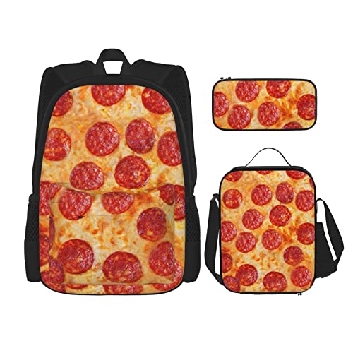 CARRDKDK Rucksack mit amerikanischer Flagge, Sterne, Streifen, bedruckt, 3-teiliges Set, Schultaschen, Büchertasche mit Lunchbox und Federmäppchen, Set für Jungen und Mädchen, 3D Pizza Pepperoni, von CARRDKDK