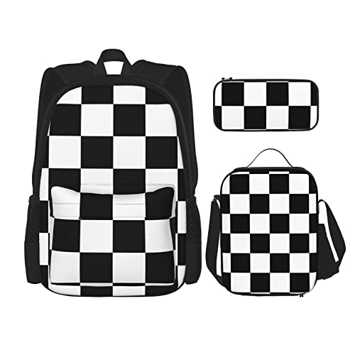 CARRDKDK Rucksack mit karierter Flagge, bedruckt, 3-teiliges Set, Schultaschen, Büchertasche mit Lunchbox und Federmäppchen, Set für Jungen und Mädchen, Schwarz / Weiß, Schwarz-weiße karierte von CARRDKDK