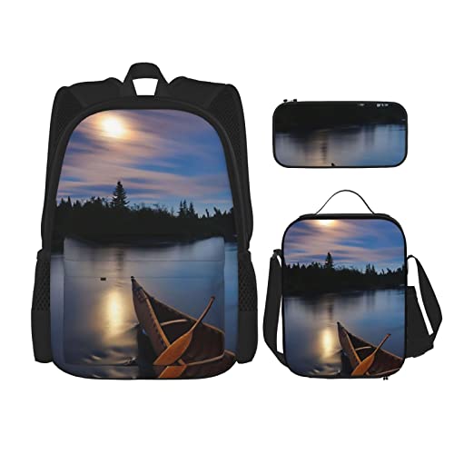 CARRDKDK Sea Stones Bedruckter Rucksack, 3-teiliges Set, Schultaschen, Büchertasche mit Lunchbox und Federmäppchen, Set für Jungen und Mädchen, Moonlit Canoe River, Einheitsgröße von CARRDKDK