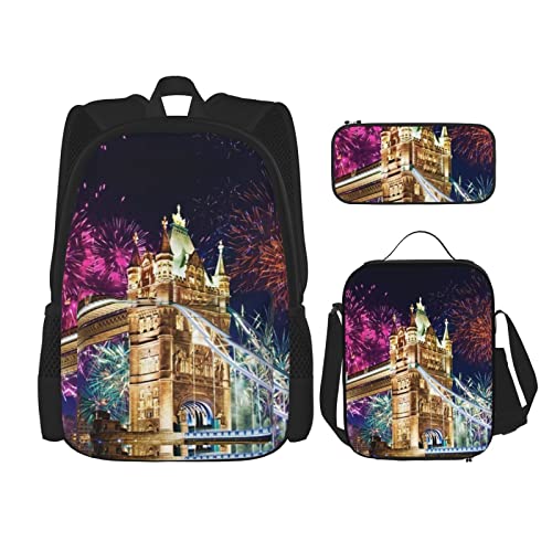 CARRDKDK Sea Stones Bedruckter Rucksack, 3-teiliges Set, Schultaschen, Büchertasche mit Lunchbox und Federmäppchen, Set für Jungen und Mädchen, Night London Tower Bridge, Einheitsgröße von CARRDKDK