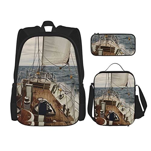 CARRDKDK Sea Stones Bedruckter Rucksack, 3-teiliges Set, Schultaschen, Büchertasche mit Lunchbox und Federmäppchen, Set für Jungen und Mädchen, Ocean Segelboot, Einheitsgröße von CARRDKDK