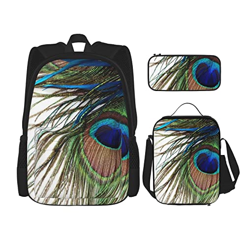 CARRDKDK Sea Stones Bedruckter Rucksack, 3-teiliges Set, Schultaschen, Büchertasche mit Lunchbox und Federmäppchen, Set für Jungen und Mädchen, Pfauenfeder, Einheitsgröße von CARRDKDK