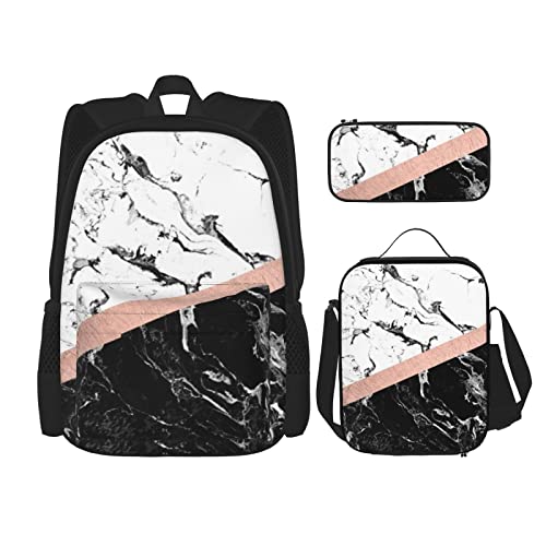 CARRDKDK Supernatural Inspiration Bedruckter Rucksack, 3-teiliges Set, Schultaschen, Büchertasche mit Lunchbox und Federmäppchen, Set für Jungen und Mädchen, Schwarz-Weißer Marmor, Einheitsgröße, von CARRDKDK