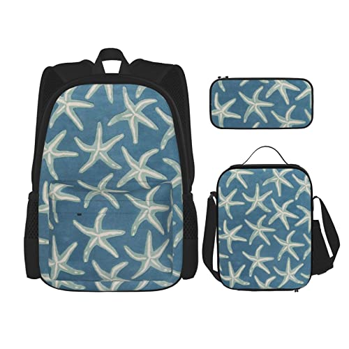 CARRDKDK Supernatural Inspiration Bedruckter Rucksack, 3-teiliges Set, Schultaschen, Büchertasche mit Lunchbox und Federmäppchen, Set für Jungen und Mädchen, Seestern Küstenwolle, Einheitsgröße von CARRDKDK