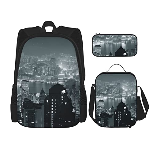 CARRDKDK Venice Night Bedruckter Rucksack, 3-teiliges Set, Schultaschen, Büchertasche mit Lunchbox und Federmäppchen, Set für Jungen und Mädchen, Aerial Night of View Hong Kong, Einheitsgröße von CARRDKDK