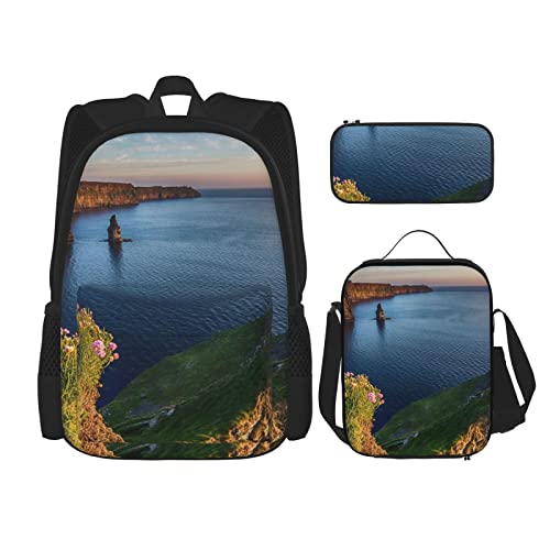 CARRDKDK Venice Night Bedruckter Rucksack, 3-teiliges Set, Schultaschen, Büchertasche mit Lunchbox und Federmäppchen, Set für Jungen und Mädchen, Irland Outdoors County Clare the Cliffs, von CARRDKDK