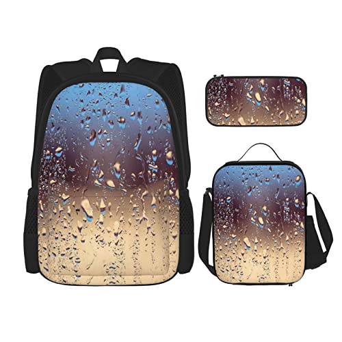 CARRDKDK Venice Night Bedruckter Rucksack, 3-teiliges Set, Schultaschen, Büchertasche mit Lunchbox und Federmäppchen, Set für Jungen und Mädchen, Regentropfen auf Glas, Einheitsgröße von CARRDKDK