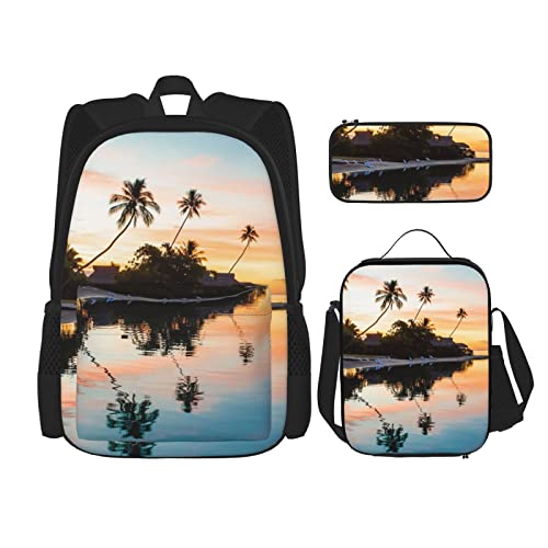 CARRDKDK Venice Night Bedruckter Rucksack, 3-teiliges Set, Schultaschen, Büchertasche mit Lunchbox und Federmäppchen, Set für Jungen und Mädchen, Tropical Sunset, Einheitsgröße, Schachtel von CARRDKDK