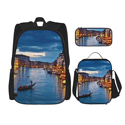 CARRDKDK Venice Night Bedruckter Rucksack, 3-teiliges Set, Schultaschen, Büchertasche mit Lunchbox und Federmäppchen, Set für Jungen und Mädchen, Venedig Nacht, Einheitsgröße von CARRDKDK