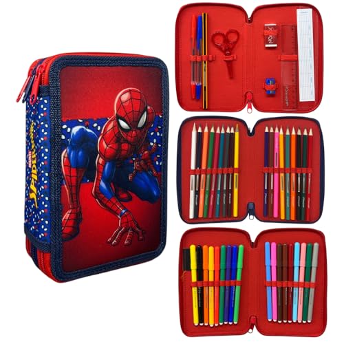 CARTOON Federmäppchen mit 3 Reißverschlüssen, 44 Stück, Schreibwaren, mehrere Fächer, Stifte, Buntstifte, Filzstifte, Giotto für die Schule, Spiderman., mäppchen von CARTOON