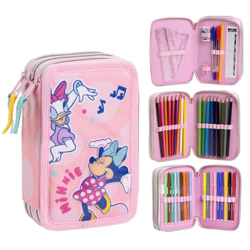 CARTOON Schulmäppchen mit 3 Reißverschlüssen, 3 Fächer, mit mehreren Fächern, 44 Stück, Farben Giotto Schreibwaren für Kinder, Minnie Maus, mäppchen von CARTOON