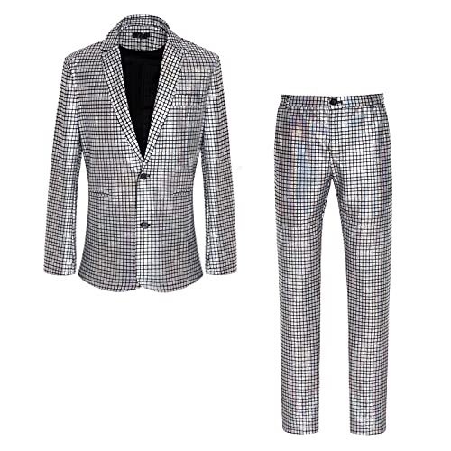 CARUHIF Herren Metallic Pailletten Slim Anzug Zweiteiliges Set 70er Jahre Disco Abschlussball Outfit (2XL,Z2706) von CARUHIF