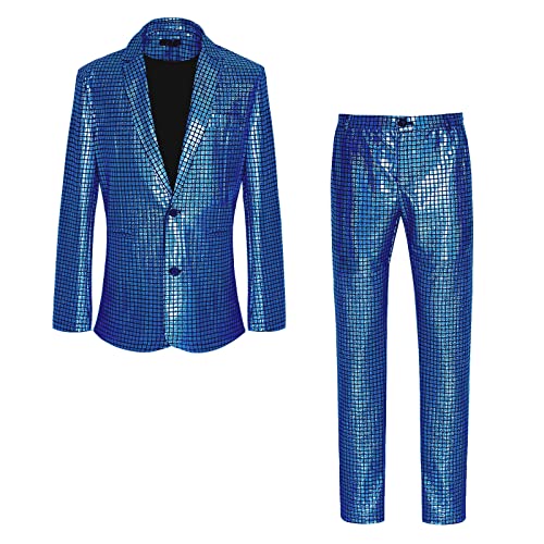 CARUHIF Herren Metallic Pailletten Slim Anzug Zweiteiliges Set 70er Jahre Disco Abschlussball Outfit (4XL, Z2706BU von CARUHIF